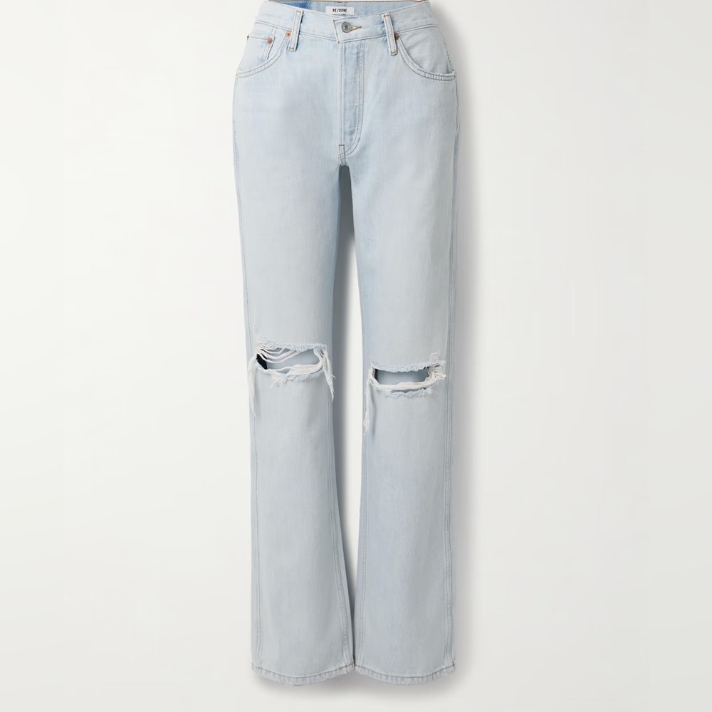 Re/Done Light Blue High-Rise Distressed Straight Jeans